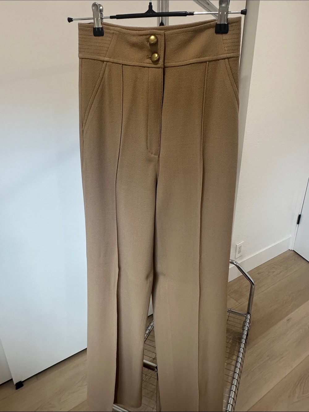 Rachel Zoe High-Rise Wide-Leg Trousers in Camel with Gold Buttons